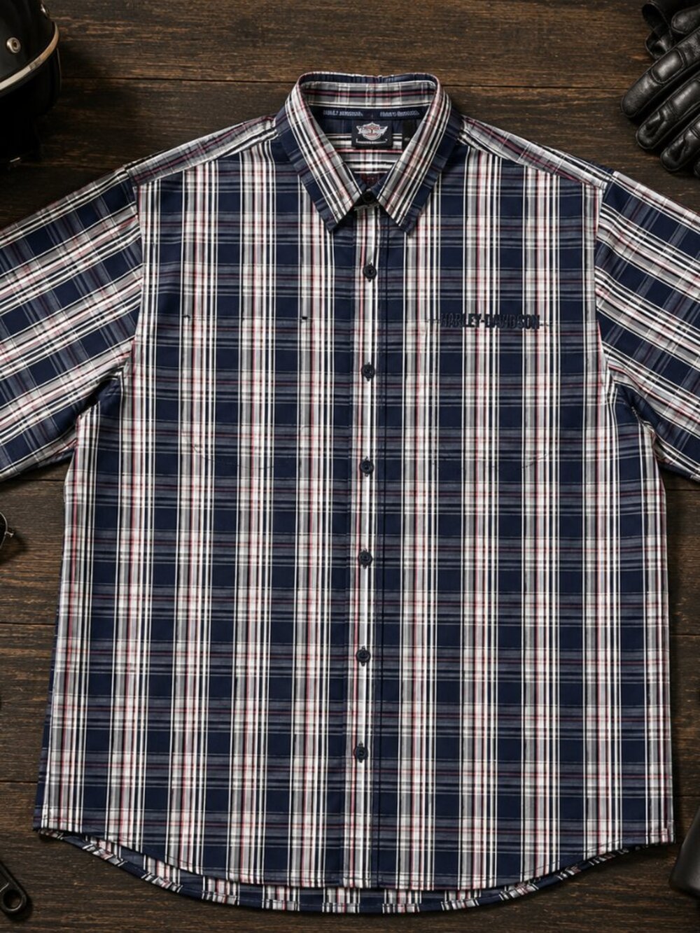 Harley Davidson Men’s Plaid Embroidered Button Up Logo Short Sleeve Shirt